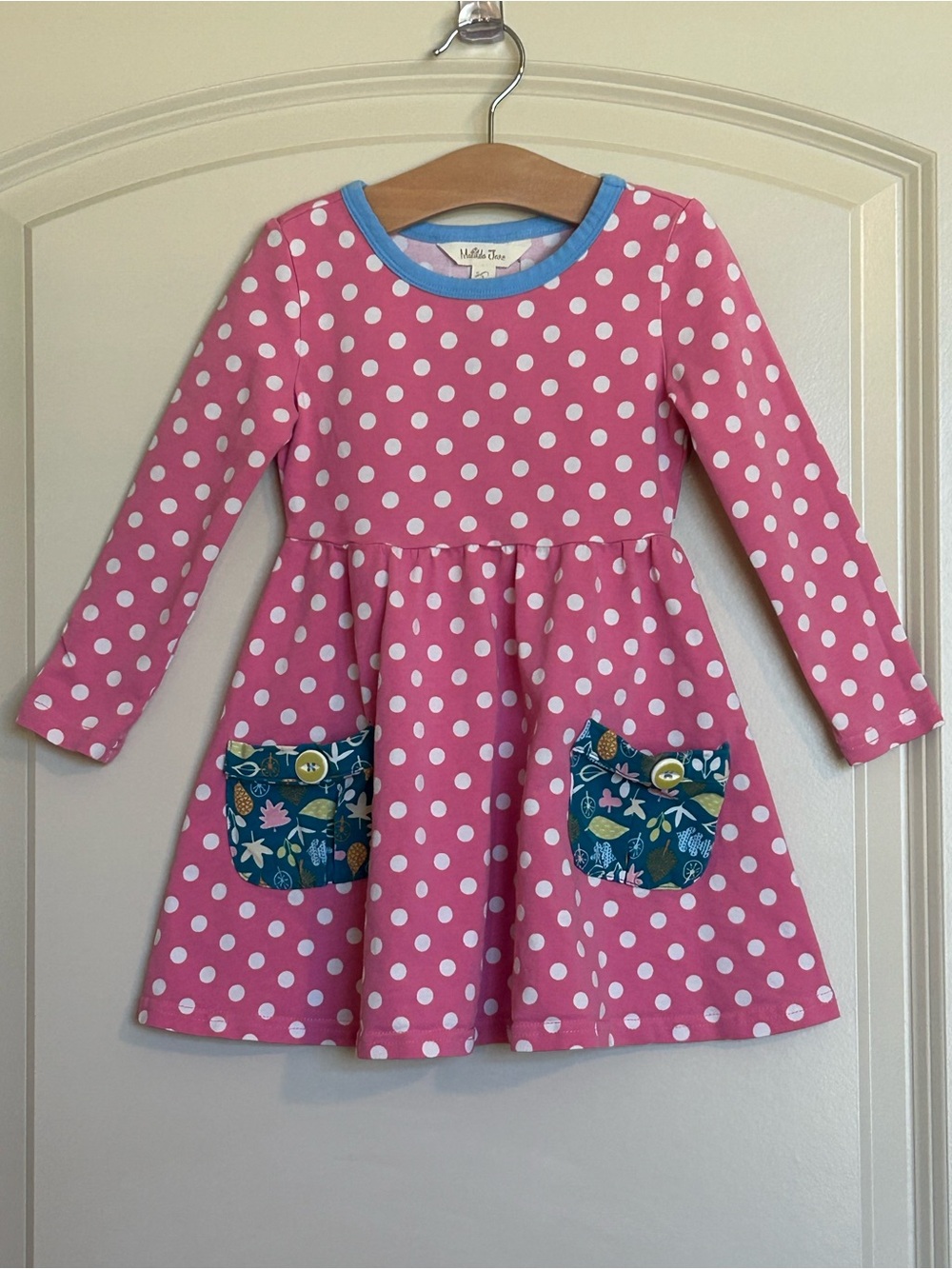 Sz2 Matilda Jane Pink Polka Dot Dress with Blue Floral Pockets